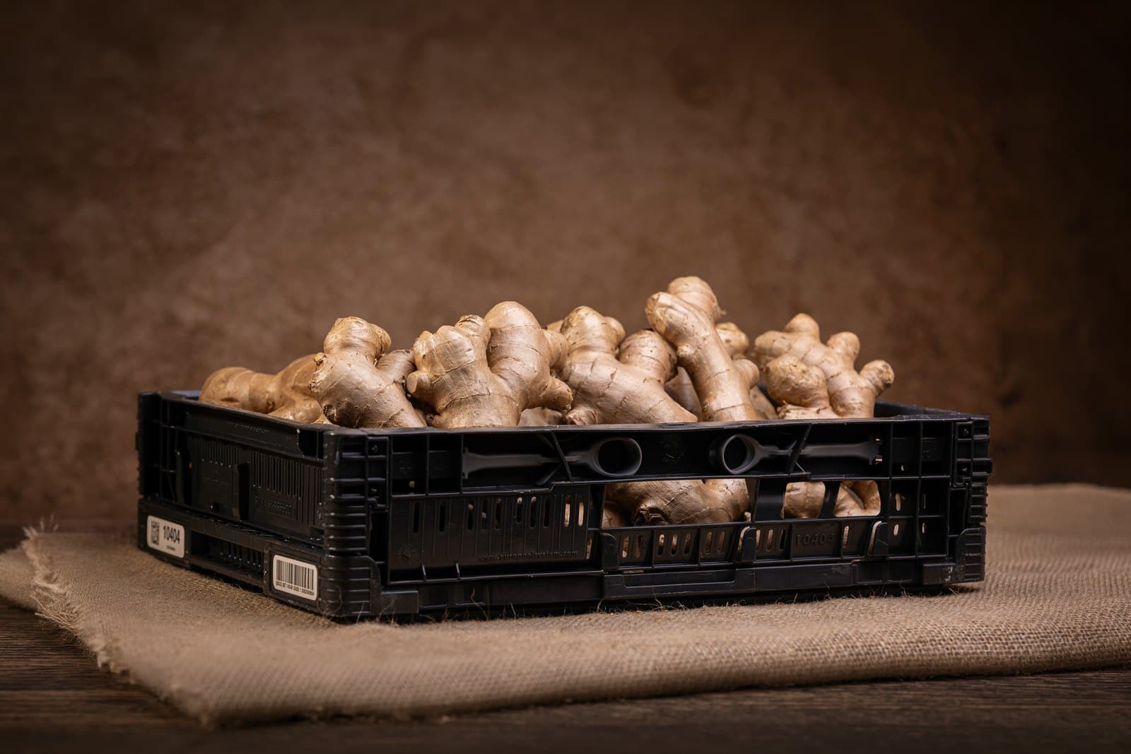 Packed ginger in a reusable crate, ready for delivery